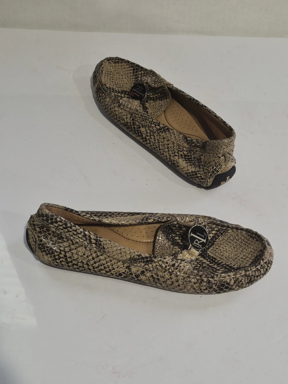 Ralph Lauren Snake-Print Driving Loafers in Beige
